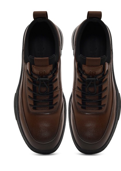 Erkek Kahverengi Bağcıklı Kalın Tabanlı Deri Sneaker 25WFD697218