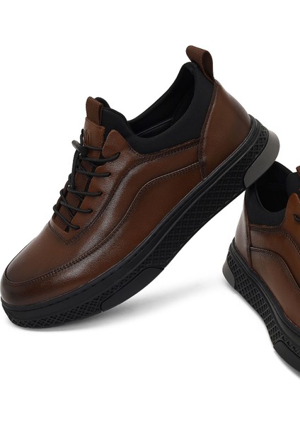 Erkek Kahverengi Bağcıklı Kalın Tabanlı Deri Sneaker 25WFD697218