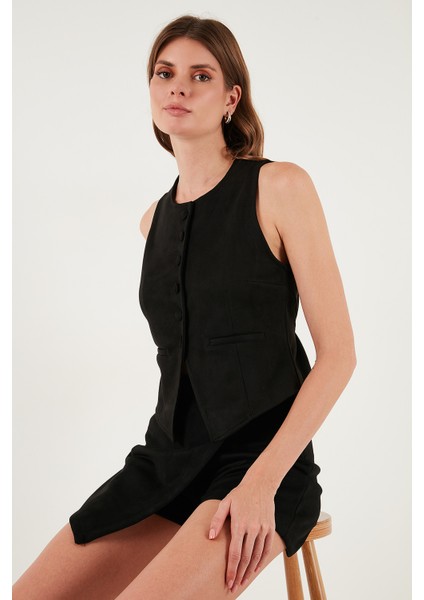 Fitted Fit Bisiklet Yaka Düğmeli Yumuşak Dokulu Yelek Bayan Yelek 5866435