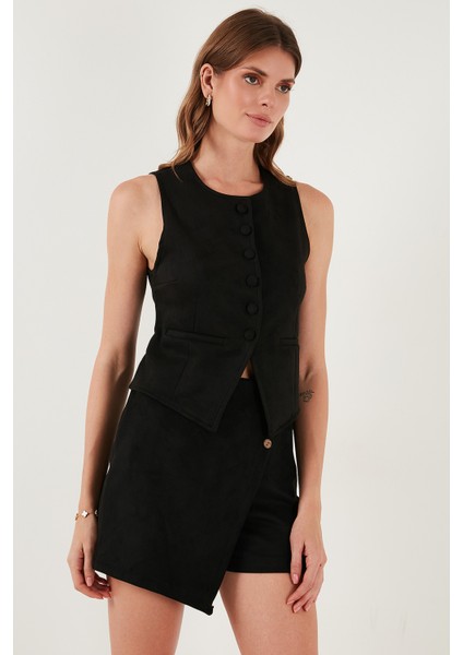 Fitted Fit Bisiklet Yaka Düğmeli Yumuşak Dokulu Yelek Bayan Yelek 5866435 indirimleri