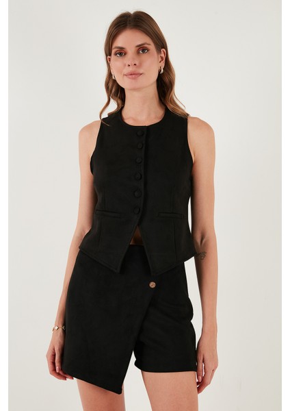 Fitted Fit Bisiklet Yaka Düğmeli Yumuşak Dokulu Yelek Bayan Yelek 5866435