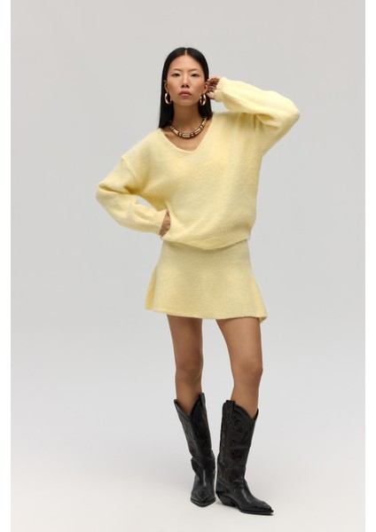 Nordis Volanlı Sarı Triko Mini Etek