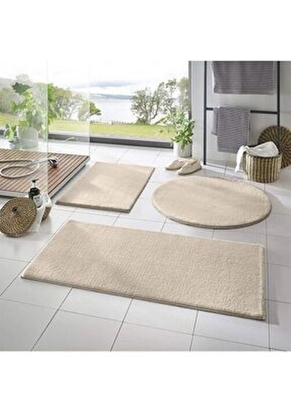 Bej Renkli Yıkanabilir Kaymaz Taban Post Peluş Banyo Paspası Üçlü Takım Düz Desen