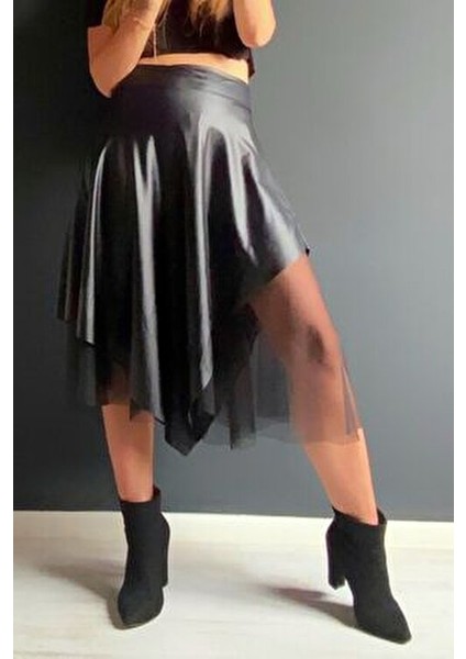 Deri Tül Yırtmaçlı Asimetrik Etek fiyatları