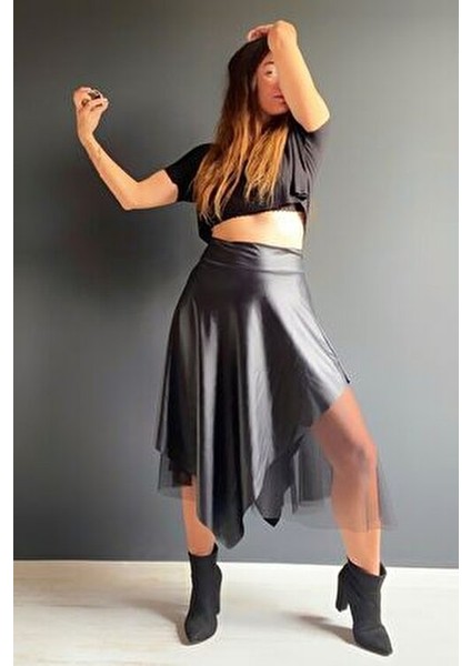 Deri Tül Yırtmaçlı Asimetrik Etek modelleri