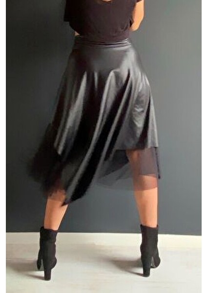 Deri Tül Yırtmaçlı Asimetrik Etek fırsatları