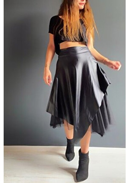 Deri Tül Yırtmaçlı Asimetrik Etek