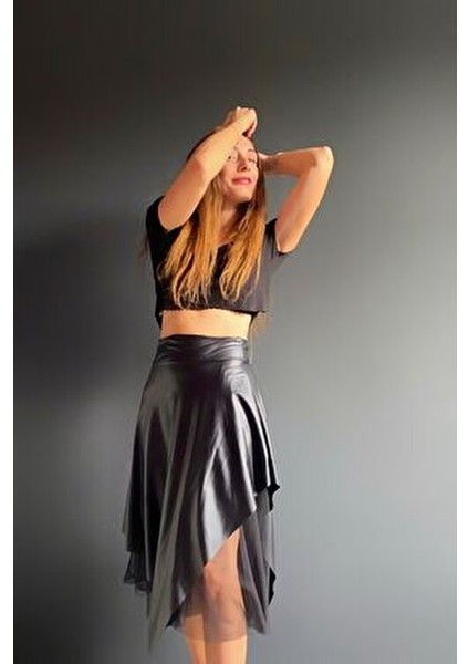 Deri Tül Yırtmaçlı Asimetrik Etek