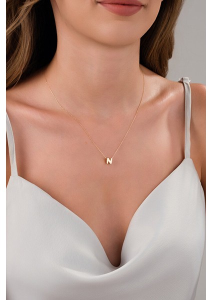 14 Ayar Altın 3 Boyutlu N Harfli Kolye