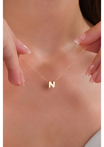 14 Ayar Altın 3 Boyutlu N Harfli Kolye modelleri