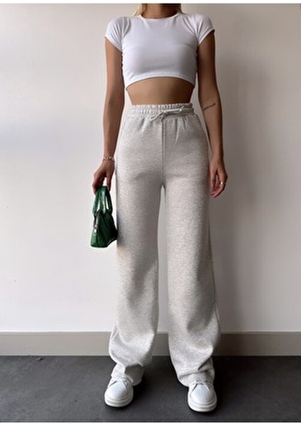 Kadın Açık Gri Içi Polarlı Kışlık Bağcıklı Yüksek Bel Bol Paça Eşofman Altı modelleri