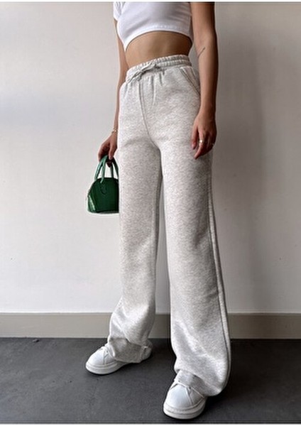 Kadın Açık Gri Içi Polarlı Kışlık Bağcıklı Yüksek Bel Bol Paça Eşofman Altı