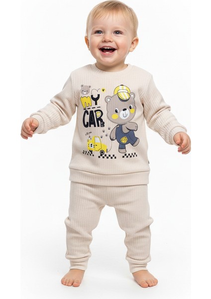 Erkek Bebek 2'li Takım - Ayıcık ve Araba Baskılı Sweatshirt & Pantolon