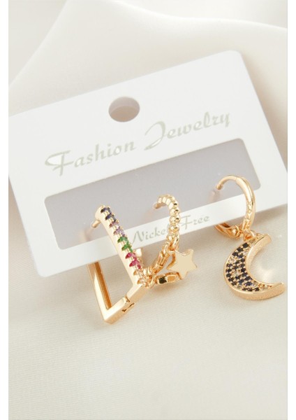 Wizard 3 Adet Hilal Zirkon Taşlı Küpe-Sarı