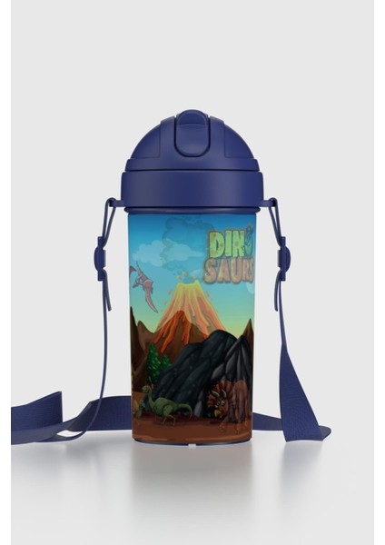 Cosmo Lenticular Dinazor Desenli 415 ml Pipetli Askılı Pp Çocuk Matara 912149 Mavi