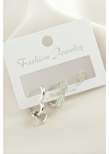 Wizard 3 Adet Kalp Zirkon Taşlı Küpe-Gümüş Rengi