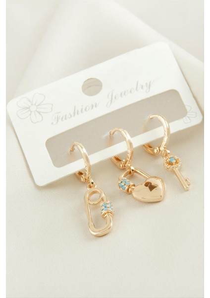 Wizard 3 Adet Kalp Zirkon Taşlı Küpe-Sarı