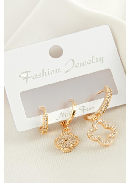 Wizard 3 Adet Çiçek Zirkon Taşlı Küpe-Sarı