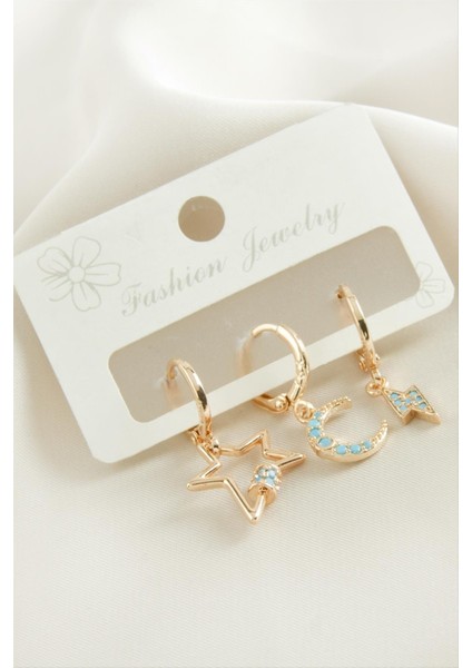 Wizard 3 Adet Hilal Yıldız Zirkon Taşlı Küpe-Sarı