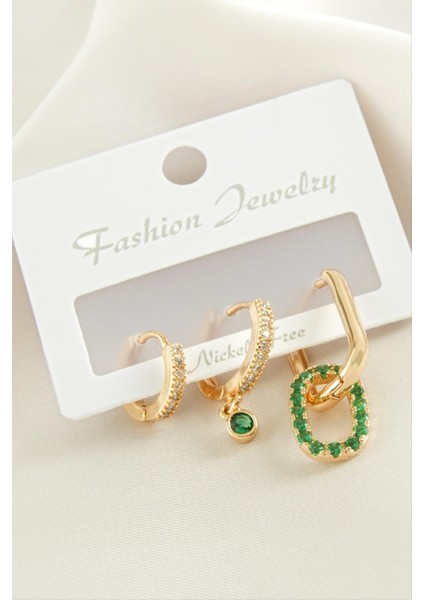 Wizard 3 Adet Oval Zirkon Taşlı Küpe-Sarı