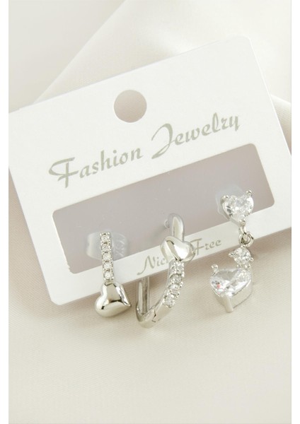 Wizard 3 Adet Kalp Zirkon Taşlı Küpe-Gümüş Rengi fiyatları