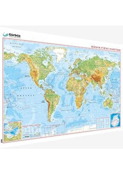 Dünya Fiziki Haritası 78 x 135 cm Plastik Çıtalı ve Selefon Kaplamalı modelleri