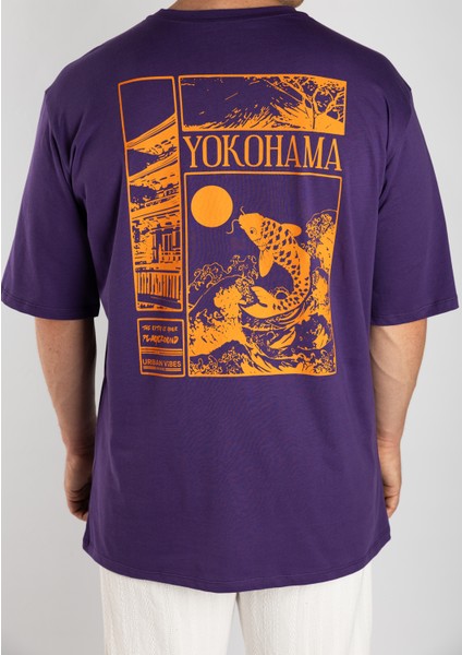 Mor Unisex Oversize Yokohama Grafik Tişört