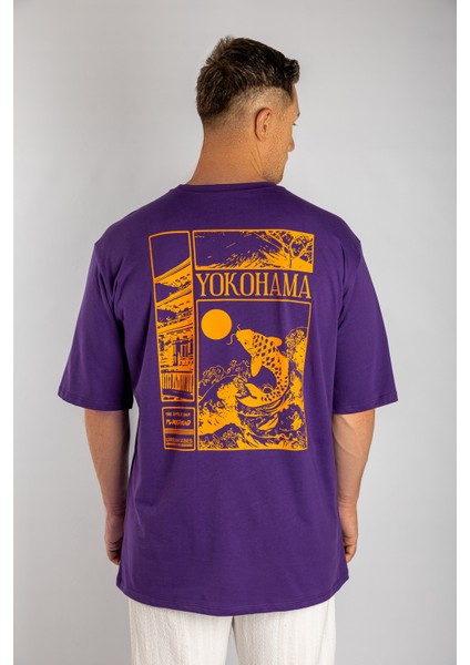Mor Unisex Oversize Yokohama Grafik Tişört fiyatları