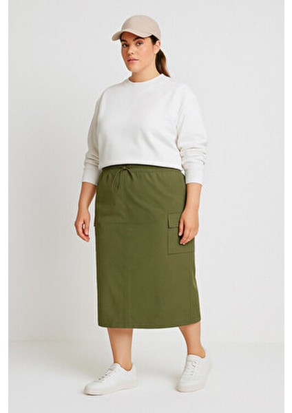 Büyük Beden Midi Boy Beli Büzgülü Arkadan Yırtmaçlı Kargo Etek 302037