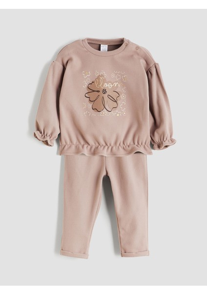 Yeni Sezon Çiçek Baskılı Fırfırlı Kız Bebek Sweatshirt ve Eşofman Altı