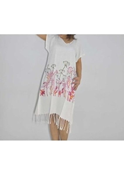 Kırmızı Hindiba Desenli Bambu Peştemal Plaj Elbise Yarım Kollu V Yaka modelleri