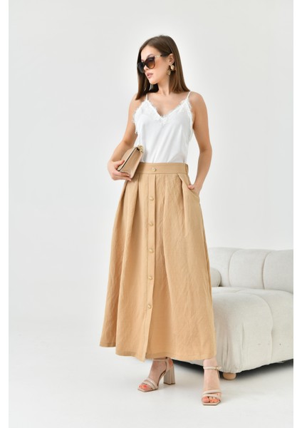 Kadın Düğmeli Etek Beige 30819