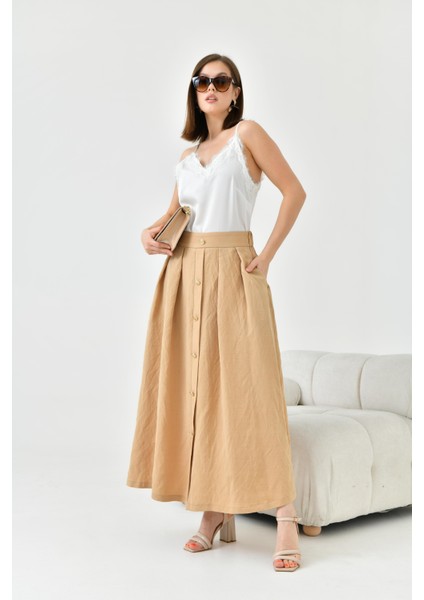 Kadın Düğmeli Etek Beige 30819