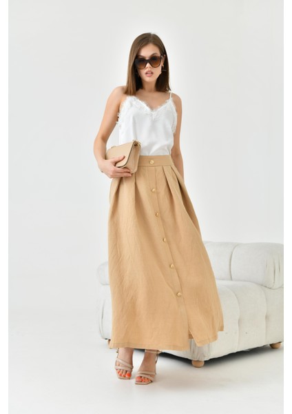 Kadın Düğmeli Etek Beige 30819