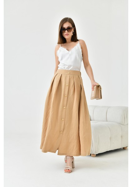 Kadın Düğmeli Etek Beige 30819