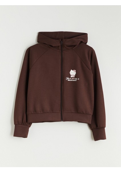 Yeni Sezon Kapüşonlu Hello Kitty Baskılı Kız Çocuk Fermuarlı Sweatshirt