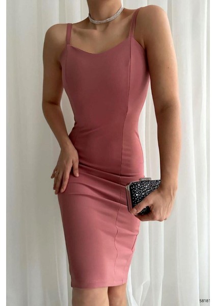 Kalp Yaka Kalın Askılı Krep Kumaş Kalem Elbise 581812 Pudra modelleri