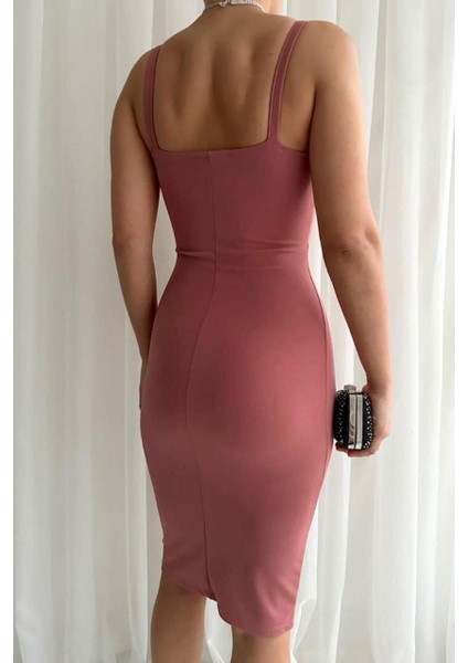 Kalp Yaka Kalın Askılı Krep Kumaş Kalem Elbise 581812 Pudra fırsatları