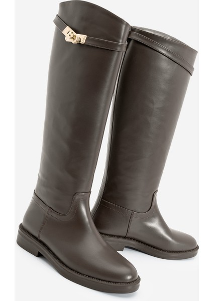 Kadın Tokalı Binici Günlük Çizme Velote Kahve