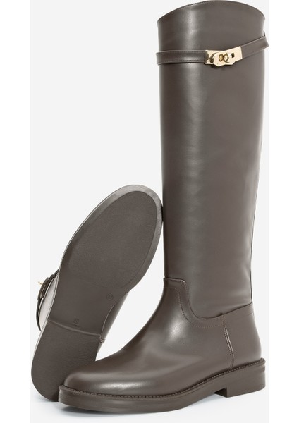 Kadın Tokalı Binici Günlük Çizme Velote Kahve