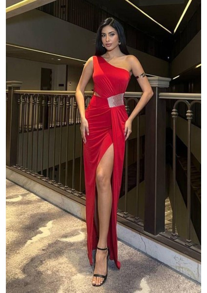 Tek Omuz Detaylı Sandy Kumaş Elbise 583181 Kırmızı