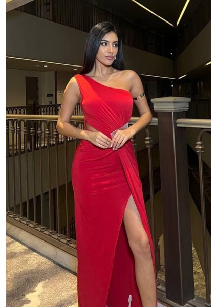 Tek Omuz Detaylı Sandy Kumaş Elbise 583181 Kırmızı modelleri