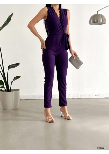 Dantelli Yaka Krep Kumaş Tulum 582083 Mor fırsatları