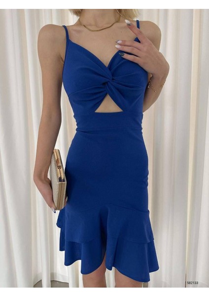 Düğümlü Eteği Volan Krep Elbise 582133 Saks