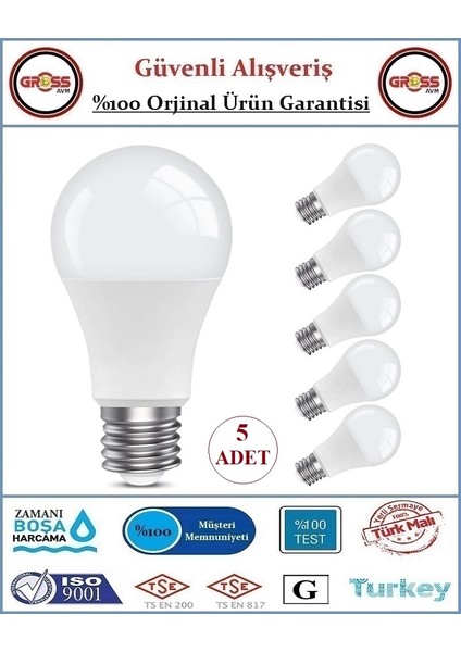 LED Ampul - 9 Watt - 850 Lümen - Beyaz Işık - 6 Adet