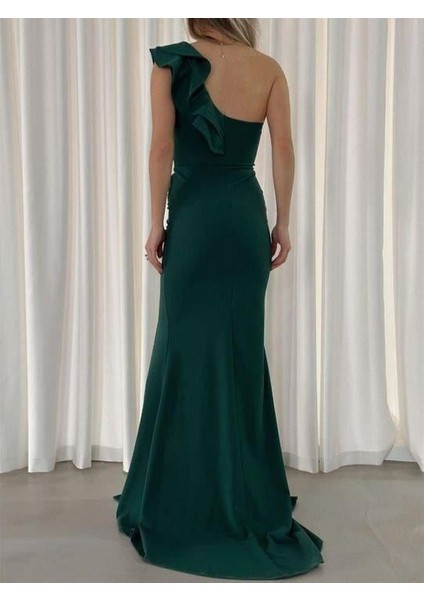 Tek Omuz Scuba Krep Abiye Elbise 581321 Zumrut fiyatları