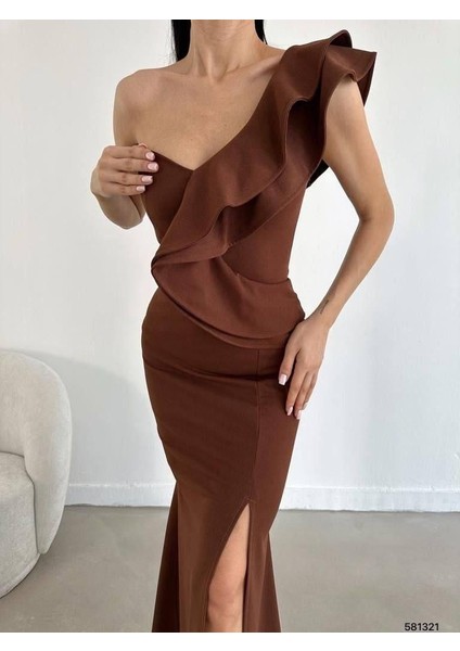 Tek Omuz Scuba Krep Abiye Elbise 581321 Kahve