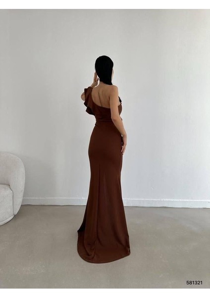 Tek Omuz Scuba Krep Abiye Elbise 581321 Kahve modelleri