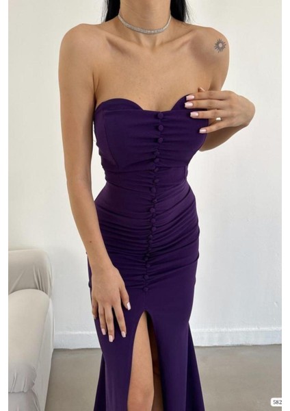 Düğme Detaylı Kalp Yaka Yırtmaçlı Elbise Mor 582550 fiyatları