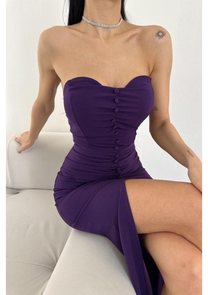 Düğme Detaylı Kalp Yaka Yırtmaçlı Elbise Mor 582550 modelleri